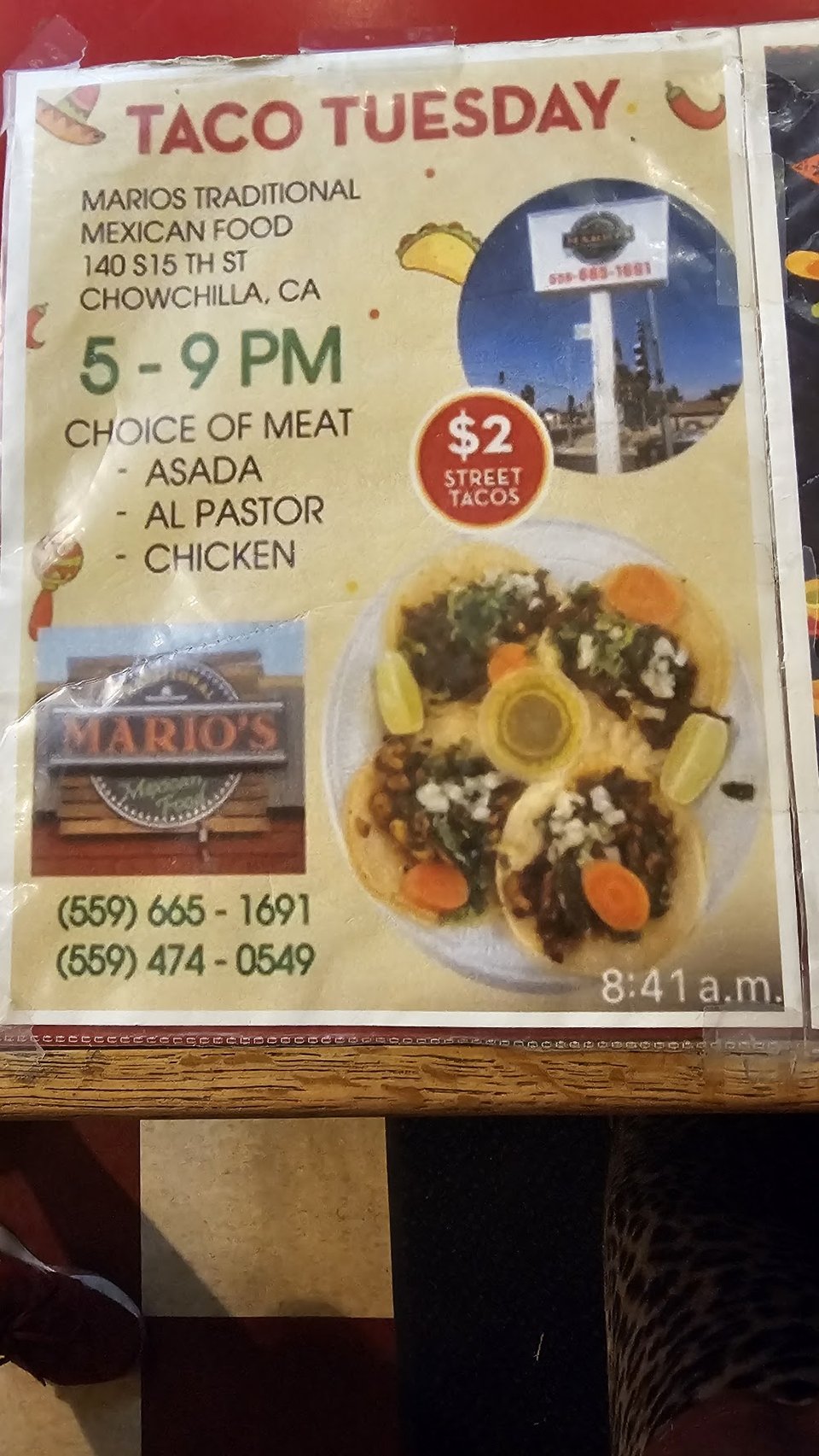 Menu page showing enchiladas, tacos, and salads.
