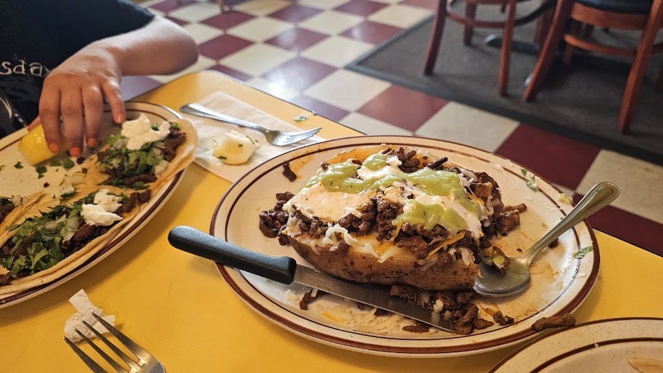 Menu page showing enchiladas, tacos, and salads.